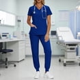 thumbnail image 1 of Cagogo Women's 2 Piece Short Sleeve V Neck Tops with Pocket Nurses Uniform Sets Casual Loose Tee and Pants Lounge Set Solid Summer Scrubs Outfit, Blue 2XL, 1 of 9