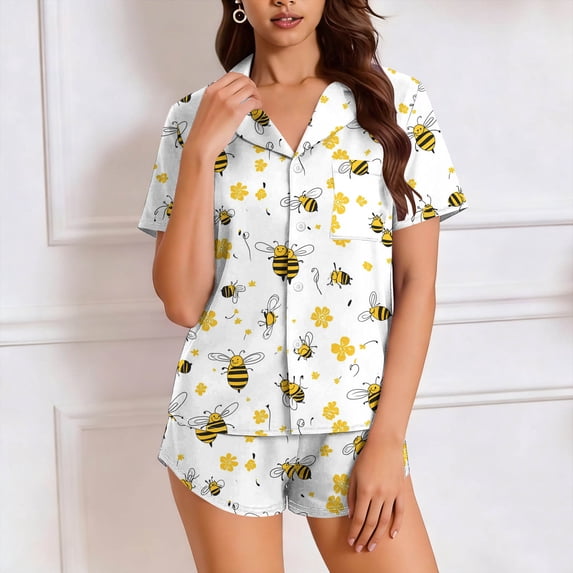 Cagogo Women's 2 Piece Shorts Set Bee Floral Cute Casual Matching Lounge Sets V Neck Short Sleeve Top Comfy Pajama Set Summer Cruise Outfits Tracksuits Travel Airport Clothes, Gray XL
