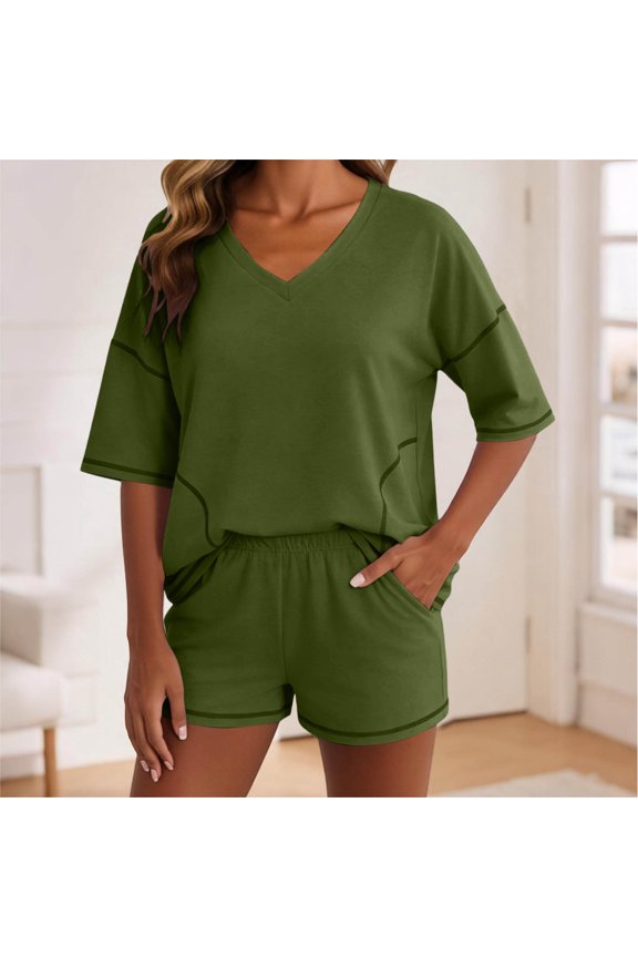 Women's 2 Piece Shorts Set Casual Summer Cruise Outfits Loose V Neck Short Sleeve Tops Elastic Waisted Comfy Pants Matching Lounge Sets Tracksuits Travel Airport Clothes, Army Green S