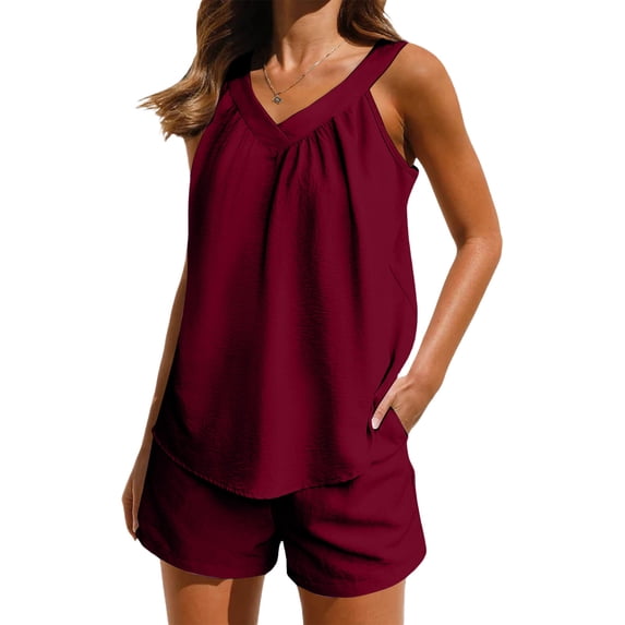 Cagogo Women's 2 Piece Shorts Set Casual Summer Cruise Outfits Loose V Neck Sleeveless Tank Tops Comfy Solid Pants Matching Lounge Sets Airport Travel Clothes, Wine M