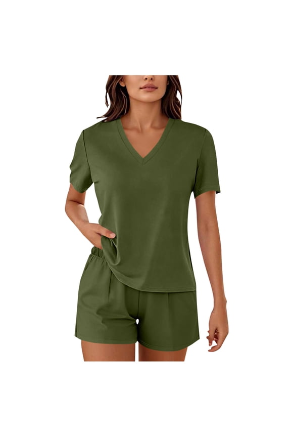 Women's 2 Piece Shorts Set Casual Summer Yoga Workout Outfits V Neck Short Sleeve Tshirt Elastic Waisted Shorts Solid Basic Lounge Sets Tracksuits Travel Airport Clothes, Army Green M