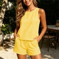thumbnail image 1 of Cagogo Women's 2 Piece Shorts Set Plaid Boho Beach Outfits Loose Round Neck Sleeveless Crop Top Casual Summer Cruise Matching Lounge Sets Tracksuits Travel Airport Clothes, Yellow L, 1 of 6
