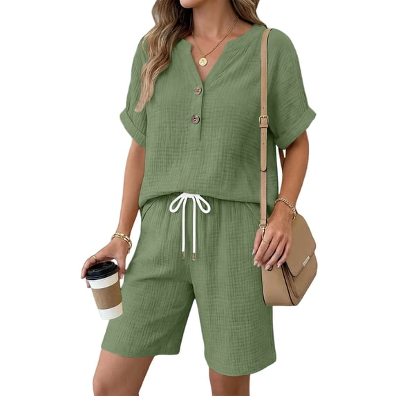Cagogo Women's 2 Piece Shorts Set V Neck Short Sleeve Shirt Drawstring Waist Casual Matching Lounge Outfits Summer Travel Airport Clothes Loungewear Tracksuits, Army Green L