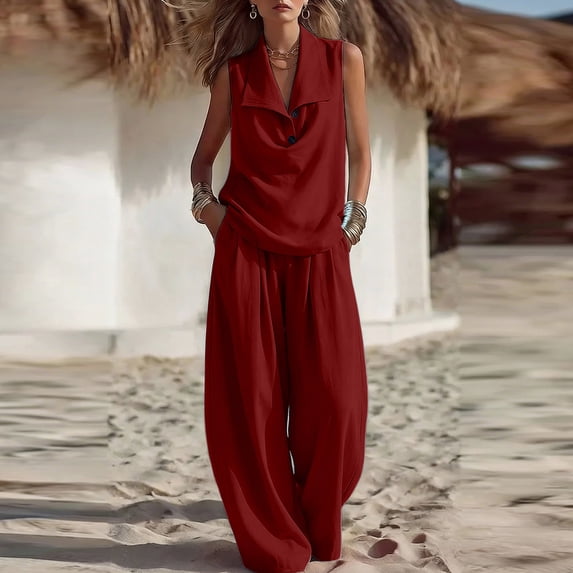 Cagogo Women's 2 Piece Sleeveless Collared Set Casual Boho Outfits Loose Wide Leg Pants Matching Lounge Tracksuits Summer Cruise Travel Airport Clothes, Red XL