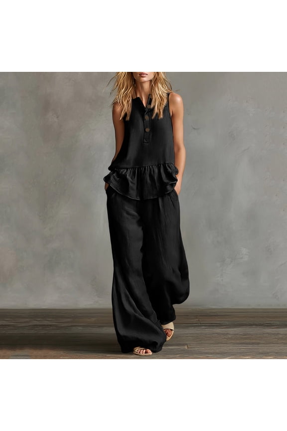 Women's 2 Piece Sleeveless Peplum Top Wide Leg Pants Set Casual Boho Vacation Outfits Loose V Neck Crop Top Flowy Pants Matching Lounge Sets Summer Travel Clothes, Black S