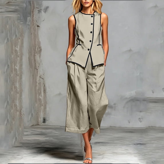 Cagogo Women's 2 Piece Sleeveless Suit Sets Casual Summer Outfits Round Neck Wide Leg Pants Matching Lounge Tracksuits Travel Airport Clothes, Gray L