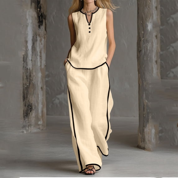 Cagogo Women's 2 Piece Sleeveless Tank Top Wide Leg Pants Set Casual Boho Beach Outfits Loose V Neck Tops Comfy Pants Matching Lounge Sets Tracksuits Summer Travel Cruise Clothes, Beige L
