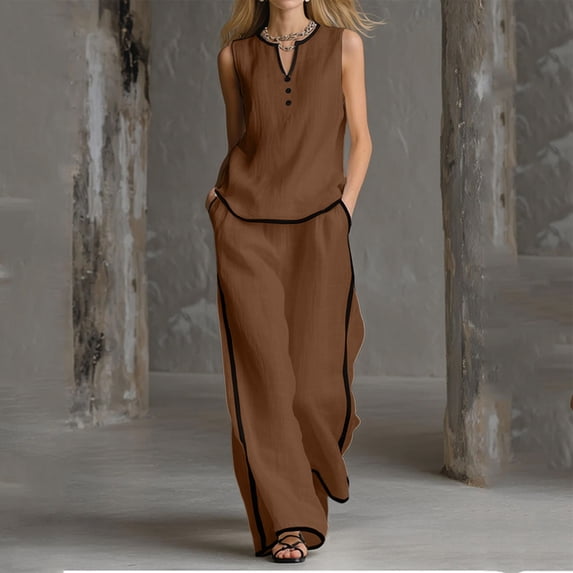 Cagogo Women's 2 Piece Sleeveless Tank Top Wide Leg Pants Set Casual Boho Beach Outfits Loose V Neck Tops Comfy Pants Matching Lounge Sets Tracksuits Summer Travel Cruise Clothes, Brown 2XL