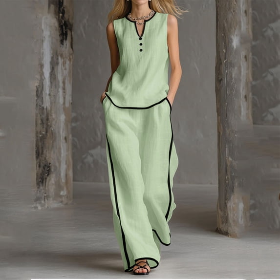 Cagogo Women's 2 Piece Sleeveless Tank Top Wide Leg Pants Set Casual Boho Beach Outfits Loose V Neck Tops Comfy Pants Matching Lounge Sets Tracksuits Summer Travel Cruise Clothes, Green S