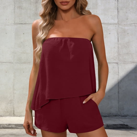Cagogo Women's 2 Piece Sleeveless Tube Top Shorts Set Casual Solid Boho Beach Outfits Loose Crop Top Summer Matching Lounge Sets Tracksuits Travel Airport Clothes, Wine S