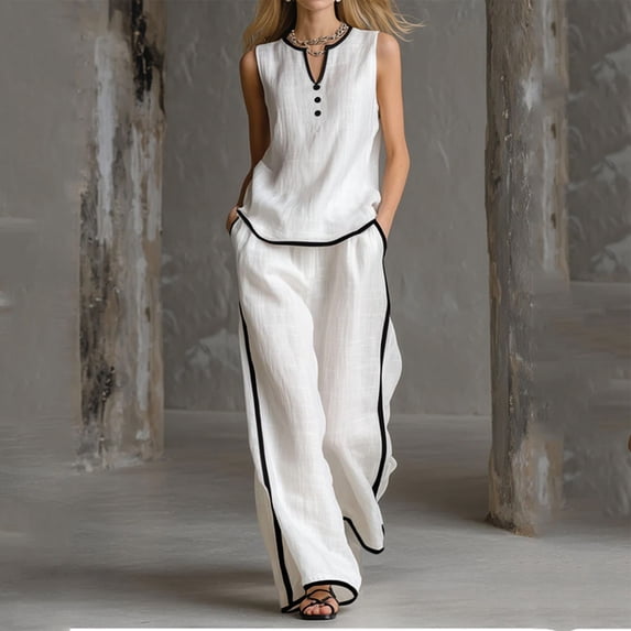 Cagogo Women's 2 Piece Sleeveless V Neck T-Shirt Wide Leg Pants Set Casual Boho Vacation Outfit Loose Summer Travel Matching Lounge Suits Tracksuit Clothes, White S