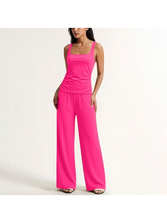 Women's 2 Piece Square Neck Sleeveless Tank Top Wide Leg Pants Set Casual Summer Business Office Outfits Loose Basic Lounge Suit Travel Clothes, Hot Pink 2XL