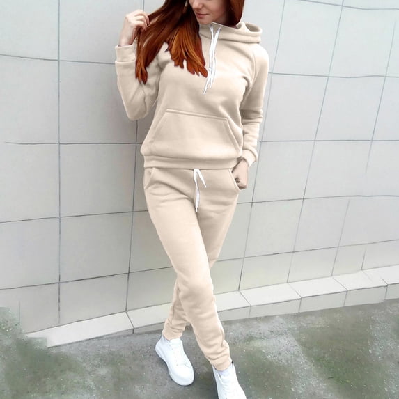 Cagogo Women's 2 Piece Sweatsuit Set Casual Long Sleeve Hoodie Elastic Waisted Sweatpants Loungewear Matching Tracksuit Outfits Cozy Lounge Sets Airport Travel Clothes, Khaki M
