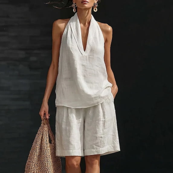 Cagogo Women's 2 Piece Tank Top Shorts Set Loose V Neck Sleeveless Casual Summer Cruise Outfits Solid Boho Vacation Clothes Matching Lounge Sets Airport Travel, White XL