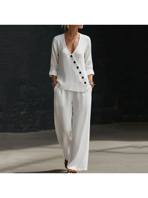 Women's 3/4 Sleeve V Neck Two Piece Set Wide Leg Pants Casual Suit Loose Boho Lounge Outfits Solid Travel Airport Clothes Matching Sets Summer Cruise, White M
