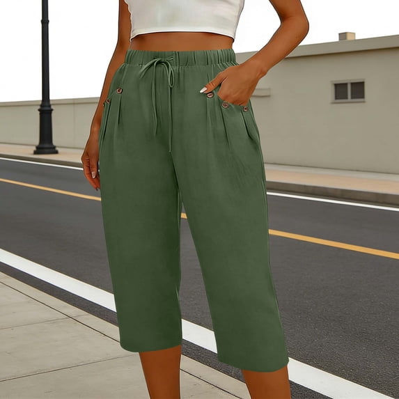 Cagogo Women's Capri Pants Elastic Waist Flowy Summer Casual Loose Cropped Palazzo Trousers Solid Basic Lounge Beach Party Pants, Army Green L