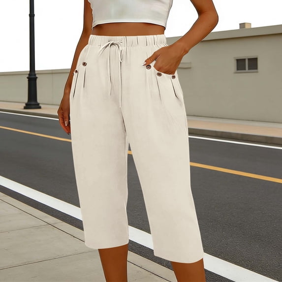 Cagogo Women's Capri Pants Elastic Waist Flowy Summer Casual Loose Cropped Palazzo Trousers Solid Basic Lounge Beach Party Pants, Beige 2XL