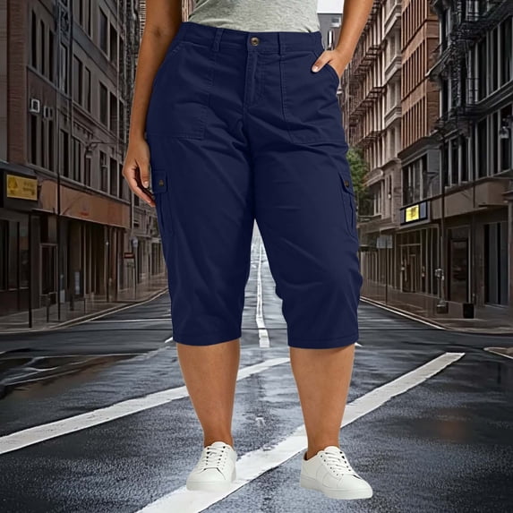 Cagogo Women's Capri Pants High Waisted with Pockets Casual Solid Everyday Active Plus Size Cargo Travel Pants Trendy Summer Outfits S-3XL, Dark Blue 5XL