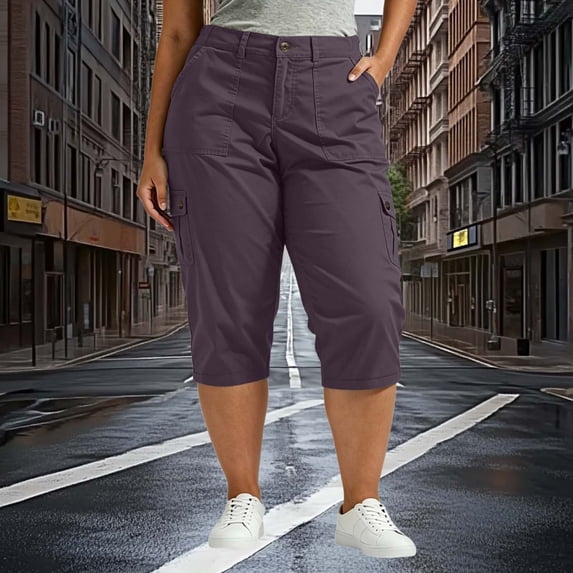 Cagogo Women's Capri Pants High Waisted with Pockets Casual Solid Everyday Active Plus Size Cargo Travel Pants Trendy Summer Outfits S-3XL, Purple 5XL