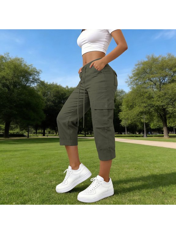 Women's Cargo Capri Pants High Waisted Capri Pants with Pockets Casual Streetwear Activewear Travel Work Lounge Summer Outfits, Army Green S