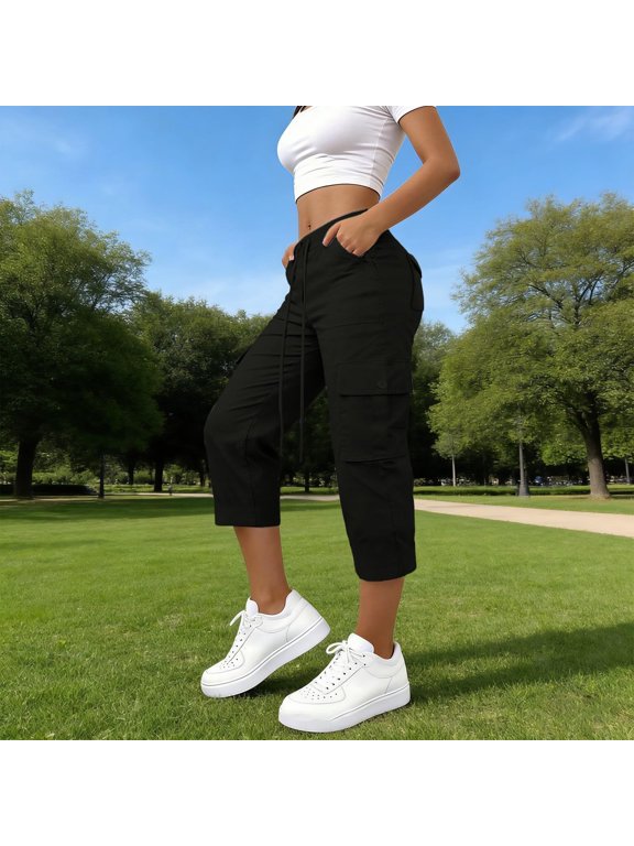 Women's Cargo Capri Pants High Waisted Capri Pants with Pockets Casual Streetwear Activewear Travel Work Lounge Summer Outfits, Black 2XL
