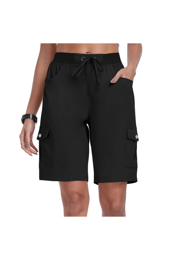 Women's Cargo Drawstring Loose Shorts Casual Solid Vacation Beach Hiking Activewear Bermuda Pants Summer Travel Lounge Trousers, Black S