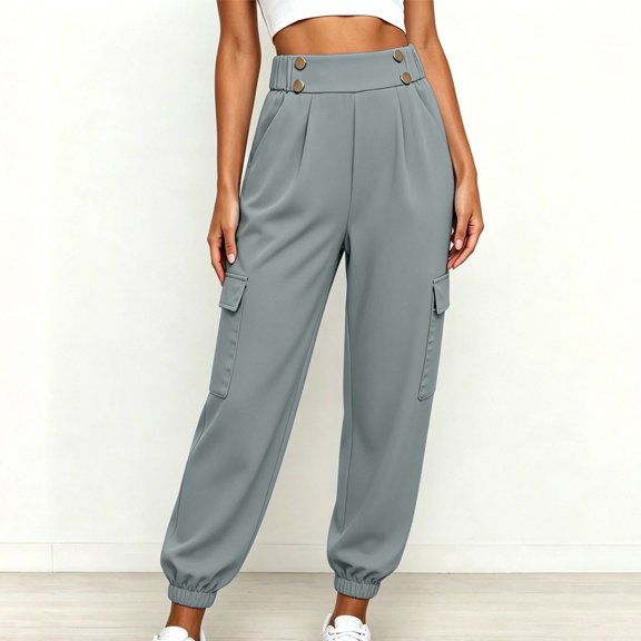 Cagogo Women's Cargo High Waisted Pants with Pockets Casual Solid Tapered Long Pants Active Workout Lounge Travel Outdoor, Gray M