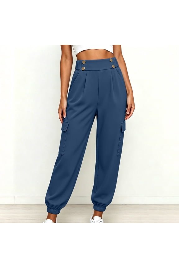 Women's Cargo High Waisted Pants with Pockets Casual Solid Tapered Long Pants Active Workout Lounge Travel Outdoor, Navy 2XL