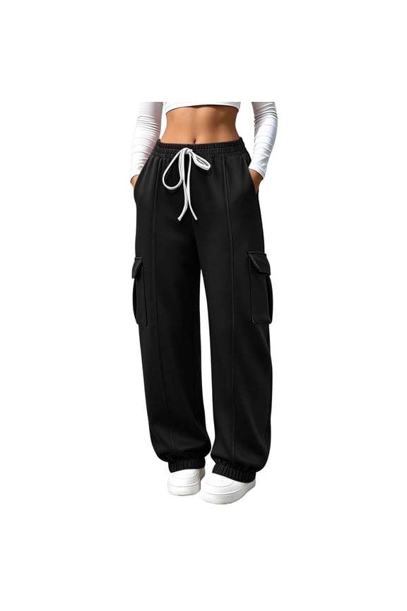 Women's Cargo Pants Drawstring Loose Long Pants Solid Casual Streetwear Lounge Activewear Workout Baggy Trousers Fall Fashion Outfits, Black S