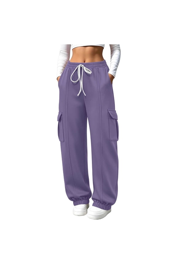 Women's Cargo Pants Drawstring Loose Long Pants Solid Casual Streetwear Lounge Activewear Workout Baggy Trousers Fall Fashion Outfits, Purple S