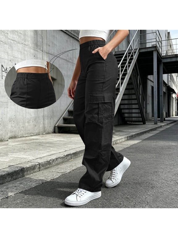 Women's Cargo Pants with Pockets Elastic Waist Loose Streetwear Casual Long Trousers for Work Travel Hiking Outdoor Daily Wear, Black 2XL