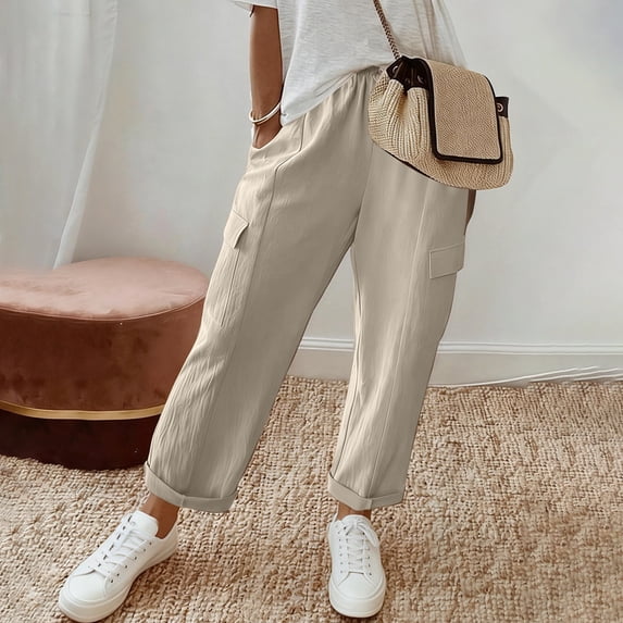 Cagogo Women's Cargo Trousers with Pockets Elastic Waist Casual Loose Ankle Pants Summer Travel Lounge Pants Drawstring Relaxed Fit Vacation Streetwear, Beige 2XL