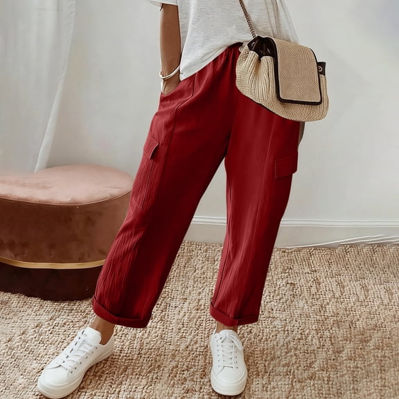 Cagogo Women's Cargo Trousers with Pockets Elastic Waist Casual Loose Ankle Pants Summer Travel Lounge Pants Drawstring Relaxed Fit Vacation Streetwear, Red M