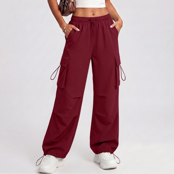 Cagogo Women's Cargo Wide Leg Pants High Waisted Casual Solid Streetwear Lounge Trousers with Pockets Travel Vacation Work Comfort Fall Fashion Clothes, Red S
