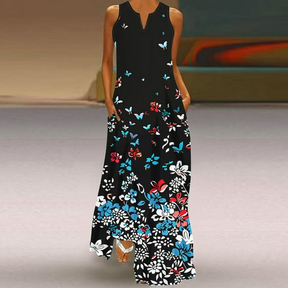 Cagogo Women's Casual 2025 Sleeveless Curvy Dresses Under $10 Summer V Neck Vintage Floral Swing Flowy Maxi Long Tank Sundress Bohemian Black Shirt Dresses