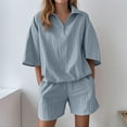 thumbnail image 1 of Cagogo Women's Collared Short Sleeve 2 Piece Set Casual Solid Matching Outfits Summer Cruise Travel Shorts Tops Lounge Sets Tracksuits Loungewear Airport Clothes, Light Blue M, 1 of 6
