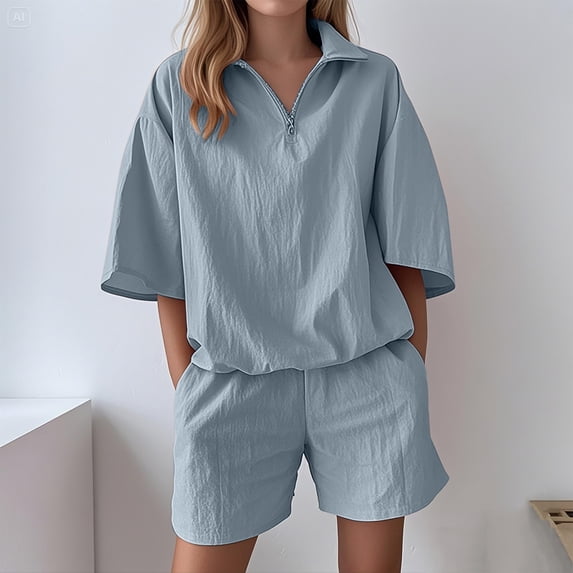 Cagogo Women's Collared Short Sleeve 2 Piece Set Casual Solid Matching Outfits Summer Cruise Travel Shorts Tops Lounge Sets Tracksuits Loungewear Airport Clothes, Light Blue M