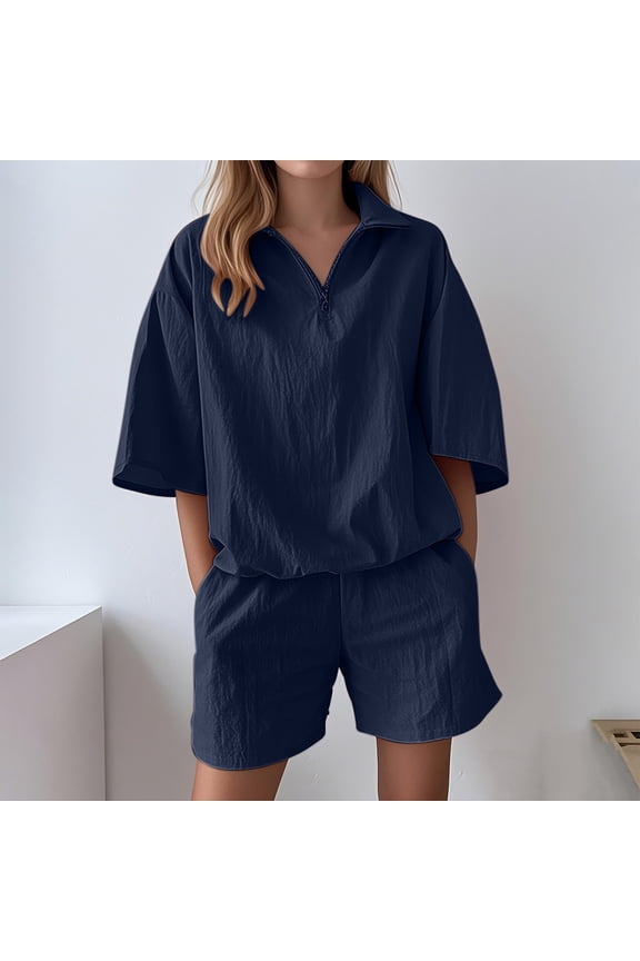 Women's Collared Short Sleeve 2 Piece Set Casual Solid Matching Outfits Summer Cruise Travel Shorts Tops Lounge Sets Tracksuits Loungewear Airport Clothes, Navy 2XL