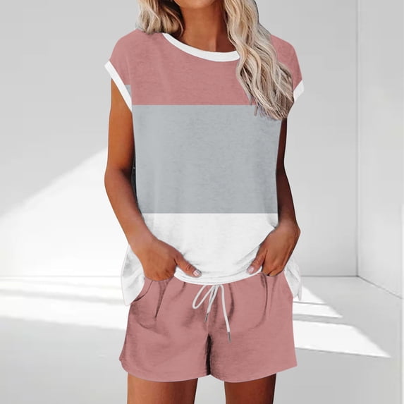 Cagogo Women's Color Block 2 Piece Shorts Set Casual Summer Cruise Outfits Loose Round Neck T-Shirt with Pocket Comfy Elastic Waist Pants Matching Lounge Sets Tracksuits Travel Airport Outfit