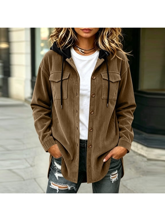 Women's Corduroy Shacket Jacket Fall Winter Long Sleeve Button Down Collared Hooded Casual Loose Coat Outerwear for Women, Brown 2XL