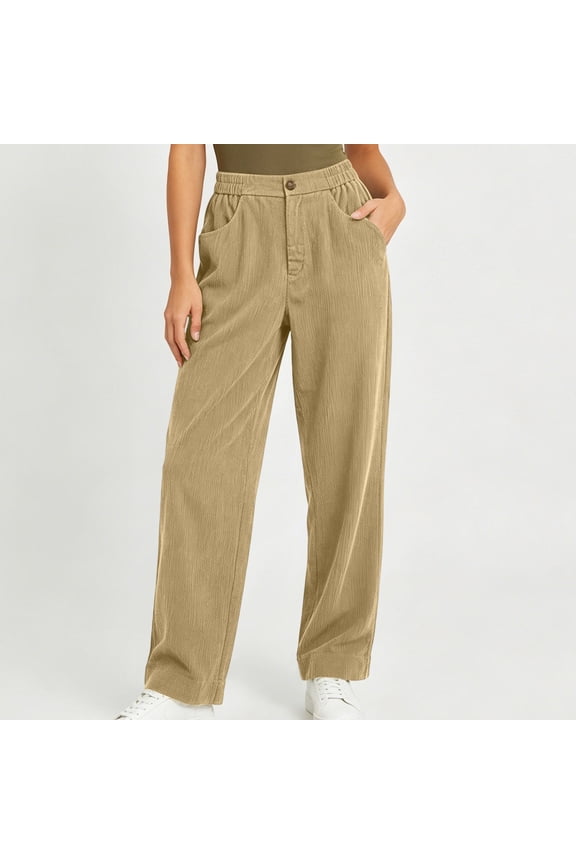 Women's Corduroy Straight Leg Trousers High Waisted Loose Casual Pants with Pockets Everyday Long Pants Vacation Travel Outfits, Khaki L