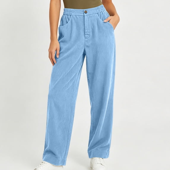 Cagogo Women's Corduroy Straight Leg Trousers High Waisted Loose Casual Pants with Pockets Everyday Long Pants Vacation Travel Outfits, Light Blue S