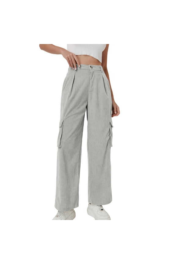 Women's Corduroy Wide Leg High Waisted Trousers with Pockets Casual Loose Long Pants for Party Office Streetwear Travel, Gray L
