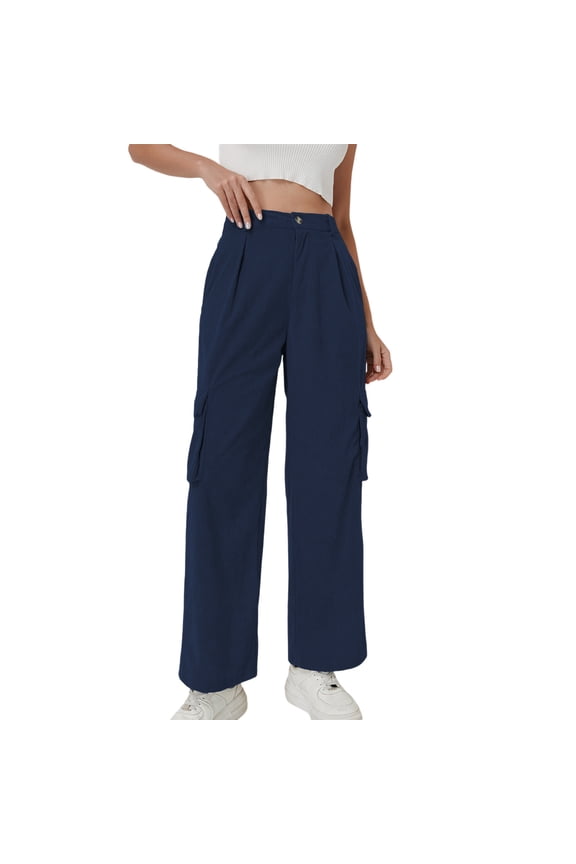 Women's Corduroy Wide Leg High Waisted Trousers with Pockets Casual Loose Long Pants for Party Office Streetwear Travel, Navy M