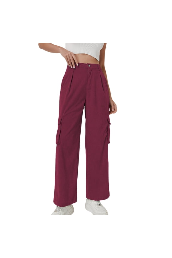 Women's Corduroy Wide Leg High Waisted Trousers with Pockets Casual Loose Long Pants for Party Office Streetwear Travel, Wine S