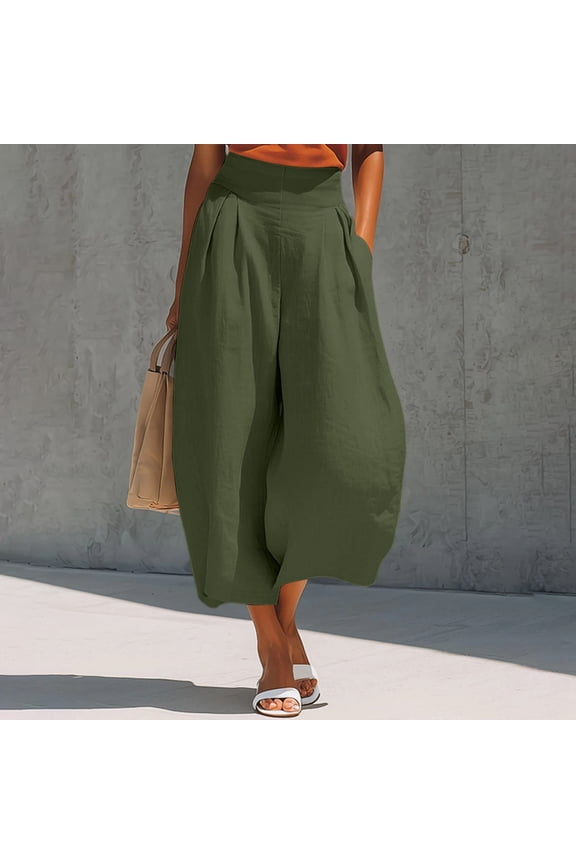Women's Cotton Linen Wide Leg Capri Pants High Waisted Loose Casual Plus Size Palazzo Trousers with Pockets Solid Harem Pants Travel Beach Work Lounge, Army Green 3XL