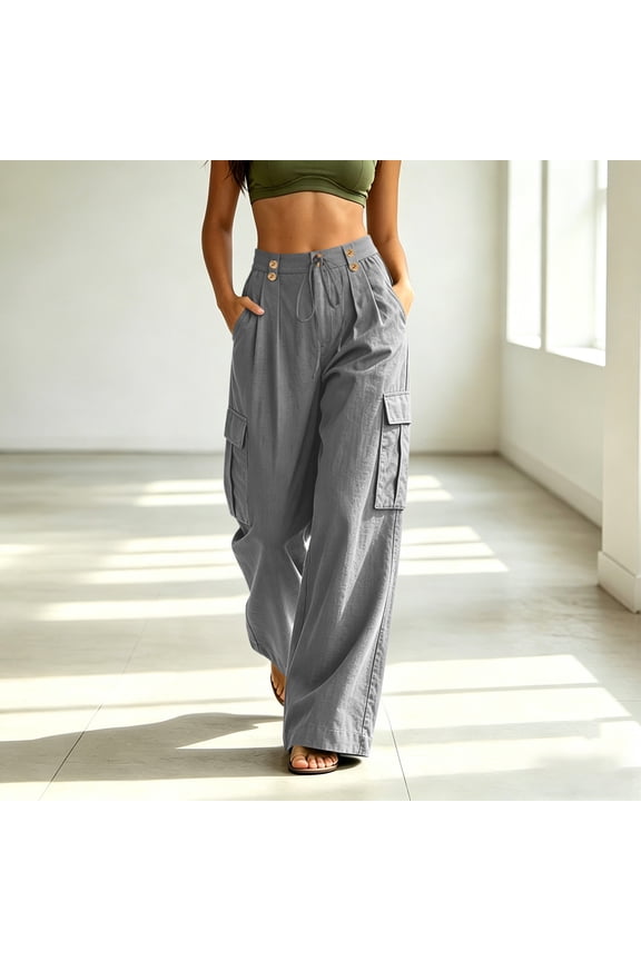 Women's Cotton Linen Wide Leg High Waisted Pants with Pockets Casual Solid Loose Long Cargo Trousers for Beach Work Summer Lounge Travel Yoga Workout Clothes, Gray S