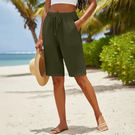 Cagogo Women's Drawstring Loose Shorts with Pockets Casual Vacation Beach Shorts Summer Elastic Waisted Comfortable Travel Trousers Fashion Outfits, Army Green L