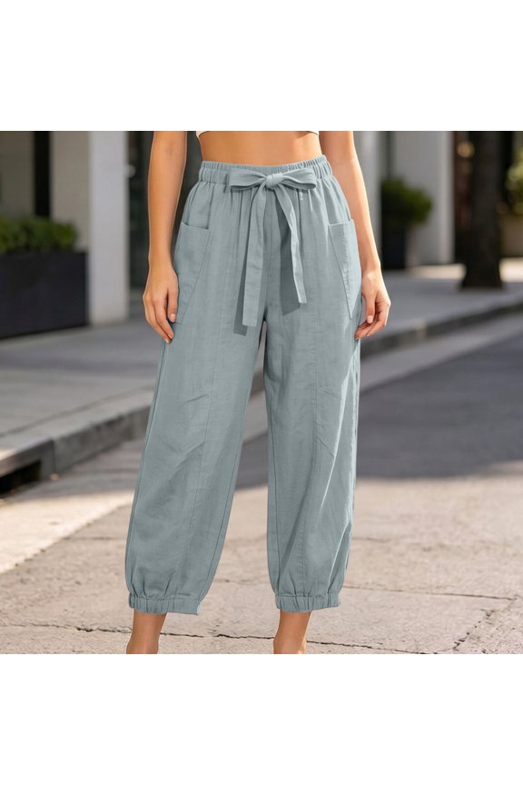 Women's Drawstring Wide Leg High Waisted Harem Pants with Pockets Solid Casual Lounge Ankle Pants Harem Pants Vacation, Gray M