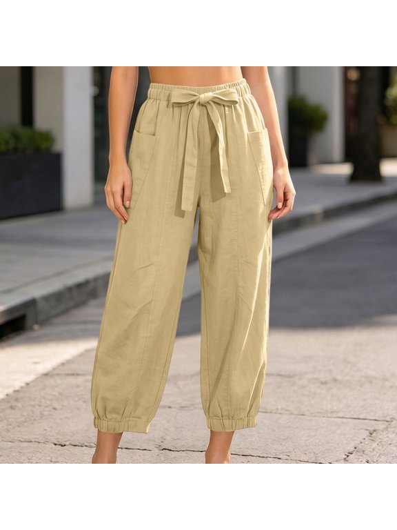 Women's Drawstring Wide Leg High Waisted Harem Pants with Pockets Solid Casual Lounge Ankle Pants Harem Pants Vacation, Khaki L